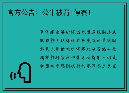官方公告：公牛被罚+停赛！